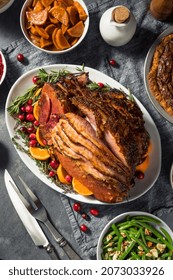 Homemade Christmas Ham Dinner With Potatoes Cranberry And Pecan Pie