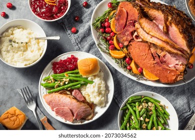 Homemade Christmas Ham Dinner With Potatoes Cranberry And Pecan Pie