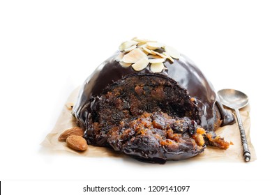 Homemade  Christmas Pudding Isolated On White 