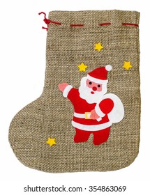 Homemade Christmas Sock With Santa Claus Decoration Isolated On White