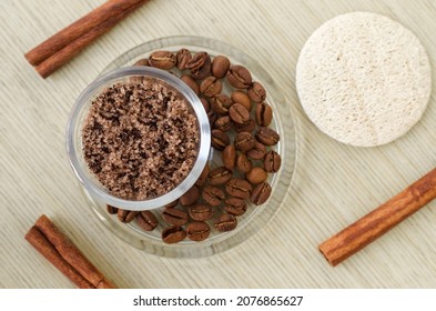 Homemade Coffee, Cinnamon And Sugar Scrub (foot Soak Or Bath Salt). DIY Beauty Treatment And Spa Recipe. Top View, Copy Space