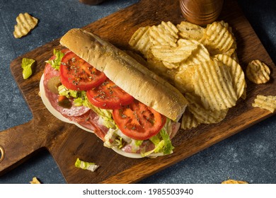 Homemade Cold Cut Italian Sub Sandwich With Salami Lettuce And Tomato