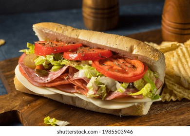 Homemade Cold Cut Italian Sub Sandwich With Salami Lettuce And Tomato