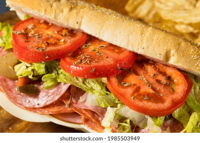 Homemade Cold Cut Italian Sub Sandwich With Salami Lettuce And Tomato