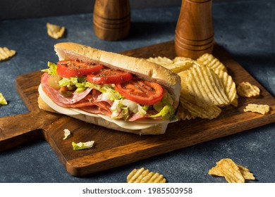 Homemade Cold Cut Italian Sub Sandwich With Salami Lettuce And Tomato