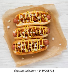 Homemade Coney Island Hot Dog, Top View. Overhead, From Above, Flat Lay. Close-up.