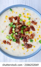 Homemade Corn Chowder With Bacon In A Bowl On A White Wooden Background, Top View. Flat Lay, Overhead, From Above. 