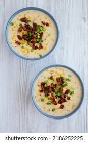 Homemade Corn Chowder With Bacon In A Bowl On A White Wooden Background, Top View. Flat Lay, Overhead, From Above. 