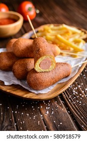 Homemade Corn Dogs With Fries, Ketchup And Mustard