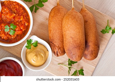 Homemade Corn Dogs With Sauces