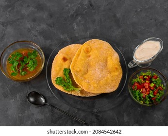 Homemade Corn Flatbread Cilantro Greens Tomato Salsa. Handmade Mexican Tortilla Taco Quesadilla Vegetable. Traditional Indian Makki Ki Roti Bread Top View. Gluten Free Flour Dough Authentic Cuisine.