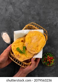 Homemade Corn Flatbread Yogurt Sauce Cilantro Greens Tomato Salsa. Handmade Tortilla Taco Quesadilla Vegetable.Traditional Mexican Bread Top View. Gluten Free Maize Flour Dough Authentic Cuisine Snack