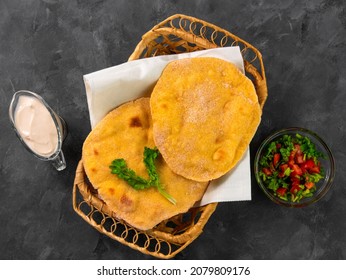 Homemade Corn Flatbread Yogurt Sauce Cilantro Greens Tomato Salsa. Handmade Tortilla Taco Quesadilla Vegetable.Traditional Mexican Bread Top View. Gluten Free Maize Flour Dough Authentic Cuisine Snack