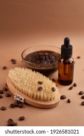 Homemade Cosmetics With Coffee Scrub And Oil. Set Of Home SPA Cosmetic Products. Dry Brush, Coffee Scrub, Organic Oil. Anti-cellulite Homemade Cosmetic For Peeling And Spa Care