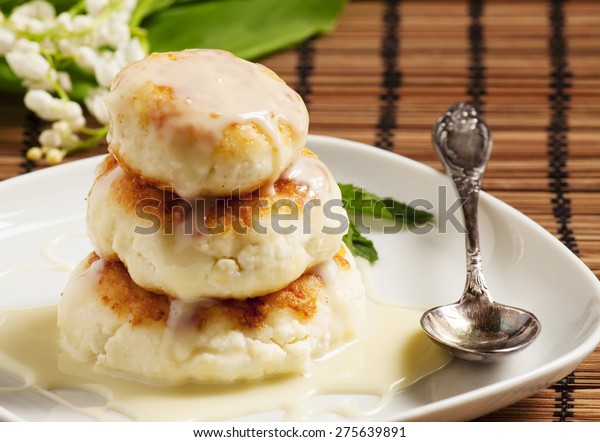 Homemade Cottage Cheese Pancakes White Sauce Stock Photo Edit Now