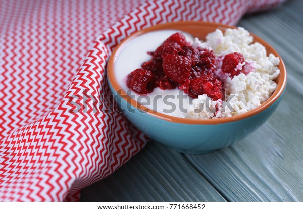 Homemade Cottage Cheese Yogurt Frozen Raspberries Stock Photo