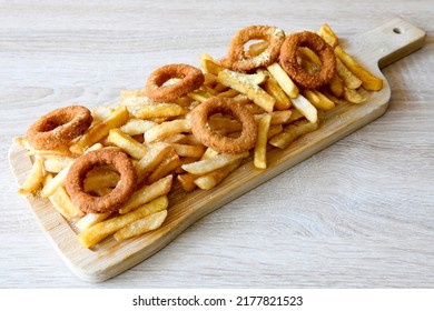 Homemade Crispy Chicken Tenders And French Fries , Top View. Flat Lay, Overhead, From Above.