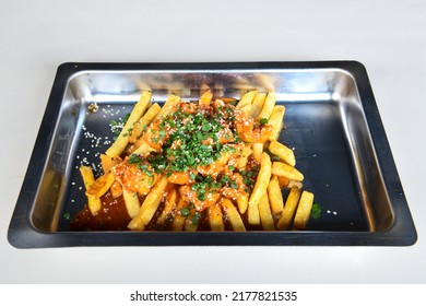 Homemade Crispy Chicken Tenders And French Fries , Top View. Flat Lay, Overhead, From Above.