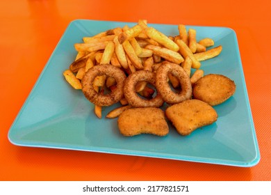 Homemade Crispy Chicken Tenders And French Fries , Top View. Flat Lay, Overhead, From Above.