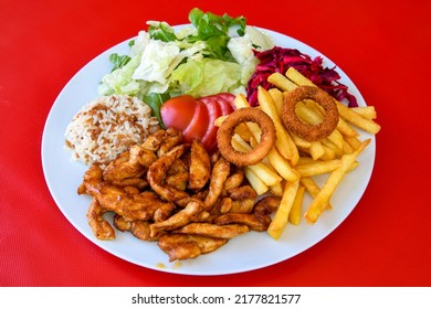 Homemade Crispy Chicken Tenders And French Fries , Top View. Flat Lay, Overhead, From Above.