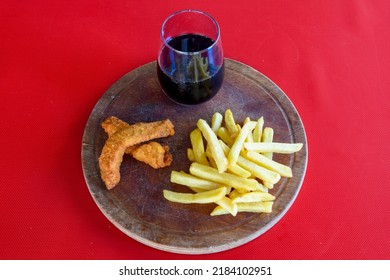 Homemade Crispy Chicken Tenders And French Fries , Top View. Flat Lay, Overhead, From Above.