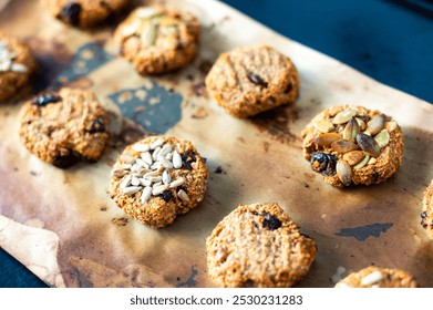 Homemade crispy oatmeal cookies with pumpkin and sunflower seeds on parchment paper. A healthy snack, perfect for a morning energy boost. - Powered by Shutterstock