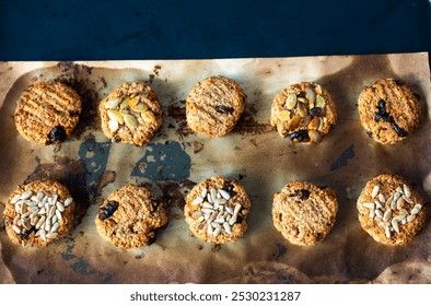 Homemade crispy oatmeal cookies with pumpkin and sunflower seeds on parchment paper. A healthy snack, perfect for a morning energy boost. - Powered by Shutterstock