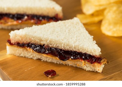 Homemade Crustless Peanut Butter And Jelly Sandwich With Chips