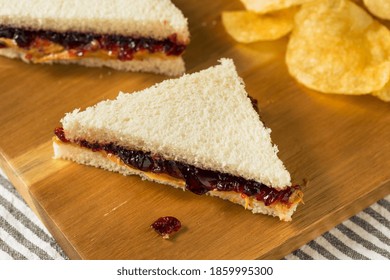 Homemade Crustless Peanut Butter And Jelly Sandwich With Chips