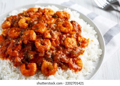 Homemade Cuban Shrimp Creole On A Plate, Side View. Close-up.