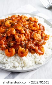 Homemade Cuban Shrimp Creole On A Plate, Side View. Close-up.