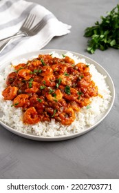 Homemade Cuban Shrimp Creole On A Plate On A Gray Surface, Side View.