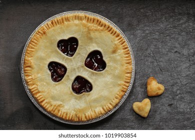 Homemade Cut Out Cherry Heart Pie/ Valentines Day Dessert, Overhead View With Copy Space