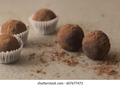 Homemade dark chocolate and cocoa truffles