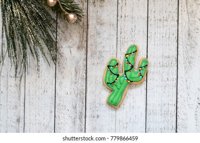 Homemade Decorated Christmas Saguaro  Cactus Sugar Cookie Decorated With Christmas Lights