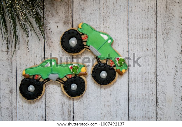 Homemade Decorated Monster Truck Christmas Cookies Royalty Free