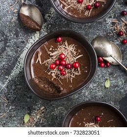 Homemade delicate chocolate mousse with cranberries and chocolate chips in serving ceramic bowls on a gray stone background. Top View