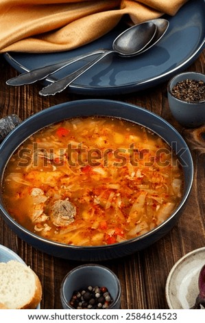 Similar – Image, Stock Photo Tasty beetroot soup borscht. Top view, flat lay