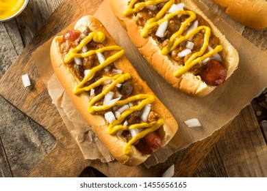 Homemade Detroit Style Chili Dog with Mustard and Onion