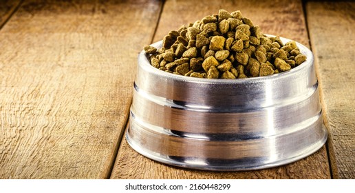 Homemade Dog Food In Metallic Bowl, Healthy Homemade Food For Puppies, Rustic Wooden Background