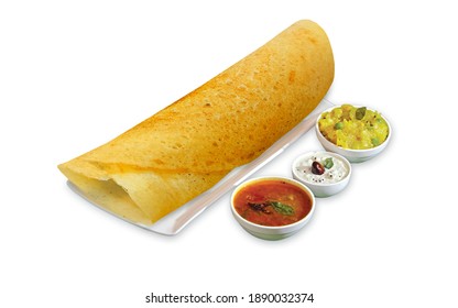 Homemade Dosa, Dhosa, Masala, Plain, Maisuri (Ghee Roast) With Chutney And Sambar Isolated South Indian Breakfast Food