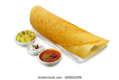 Homemade Dosa, Dhosa, Masala, Plain, Maisuri (Ghee Roast) With Chutney And Sambar Isolated South Indian Breakfast Food