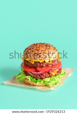 Homemade double burger minimalist on a green colored background. Vertical image with a juicy and delicious cheeseburger packed up with wax paper.