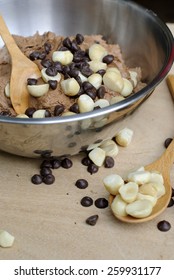 Homemade Double Chocolate Chip Cookie Dough In Mixing Bowl Prepare For Bake.
