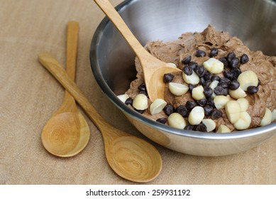 Homemade Double Chocolate Chip Cookie Dough In Mixing Bowl Prepare For Bake.
