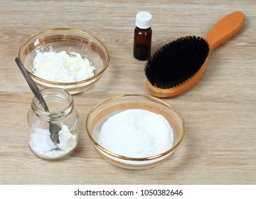 Homemade Dry Shampoo In A Jar Made Of Powder Corn Starch, Baking Soda And Essential Oil For Blonde.  DIY Cosmetics. Fast And Easy Way To Keep Your Hair Clean.