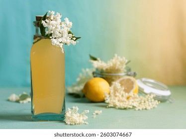 Zumo de flor de saúco casero con limón. Jarabe en la botella