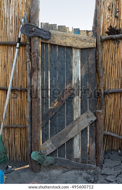 Homemade Entrance Door Flipflop Shoes Hinges Stock Photo