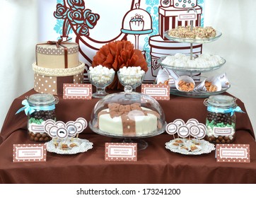 Homemade Fancy Set Table With Sweets Candies, Cake, Marshmallows, Zephyr, Nuts, Almonds, Truffle As A Present For Birthday Party