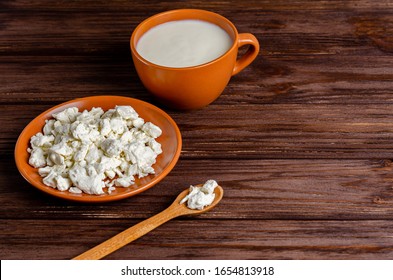 Homemade Fermented Milk Products - Kefir, Cottage Cheese On A Wooden Background With Copy Space. Ferment For Yeast Bacterial Fermentation, Intestinal Health Concept.